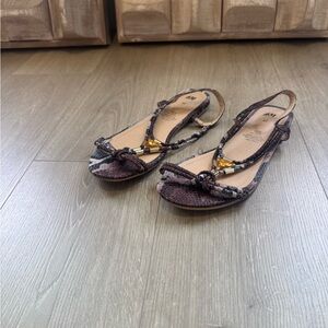 H&M Brown Snake-Print Knot-Front Slingback Sandals with Gold Accent